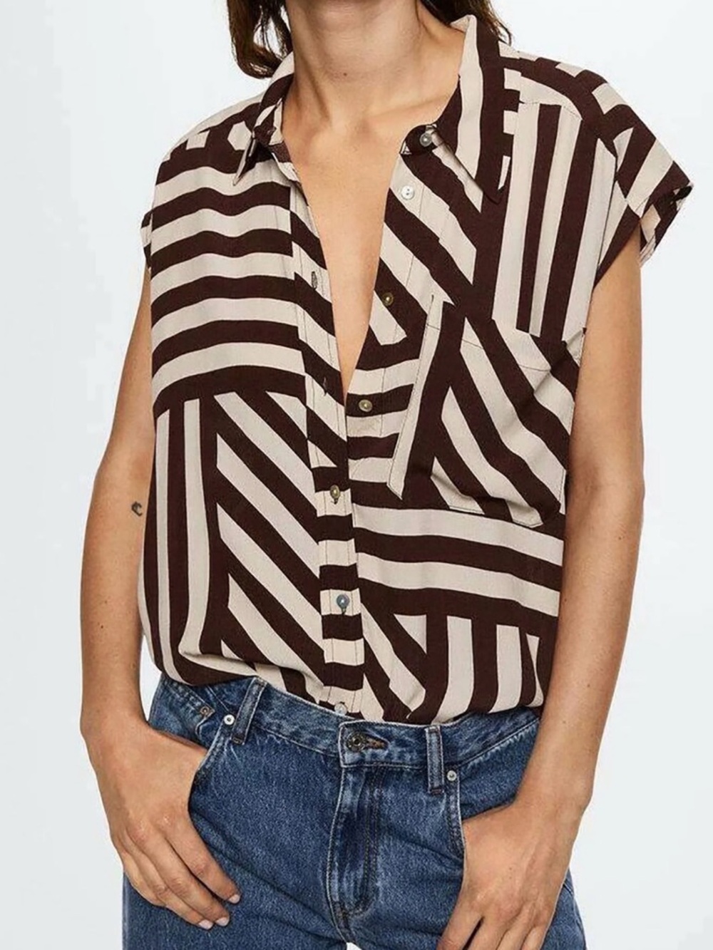 MANGO Striped Button-Up Blouse